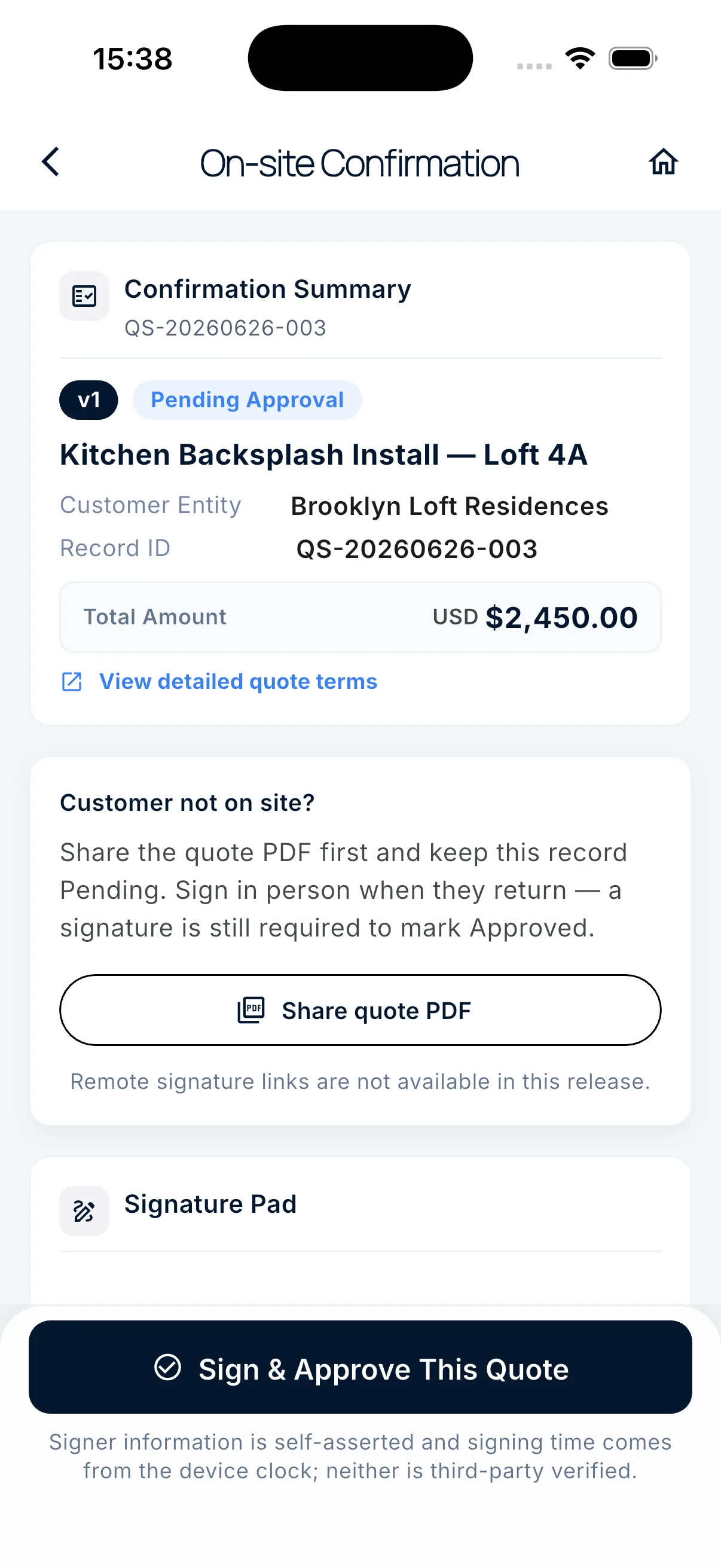 Quote approval screen in QuoteSeal